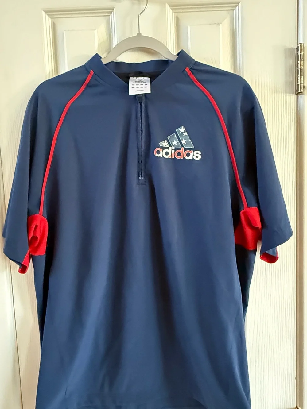 adidas Navy Short-Sleeve Quarter-Zip Athletic Jersey with Red Accents